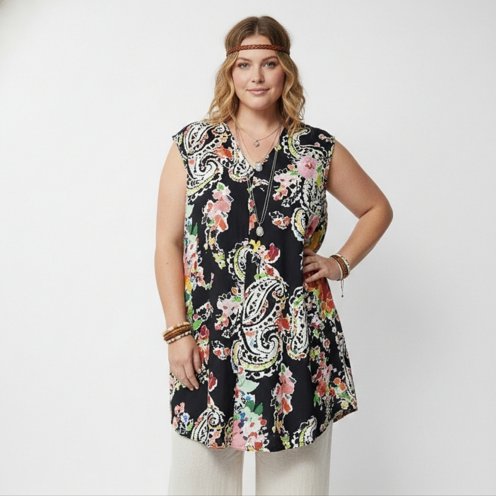 Lauren Ralph Lauren Black Orange Paisley Floral Shift Dress 26" Pit to Pit